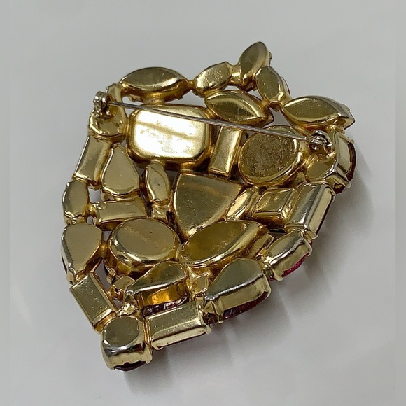 Mid Century Vintage Gold Tone Ruby Red Rhinestone Art Deco Pinback Brooch - Picture 15 of 16